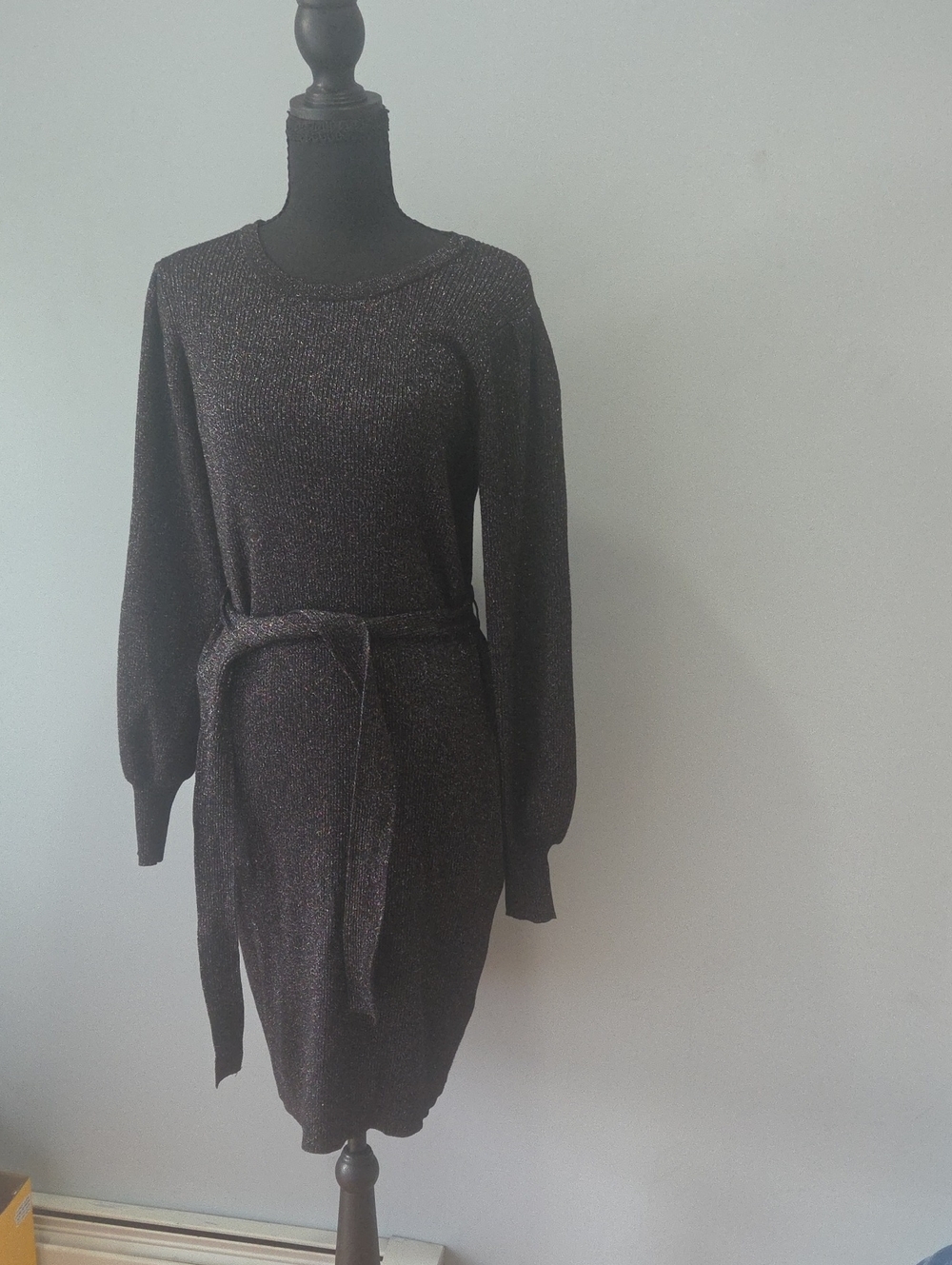 Calvin Klein Black Sparkle Belted Sweater Dress
